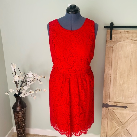 LOFT Red Lace Fit and Flare Dress Size 14 - Picture 4 of 8
